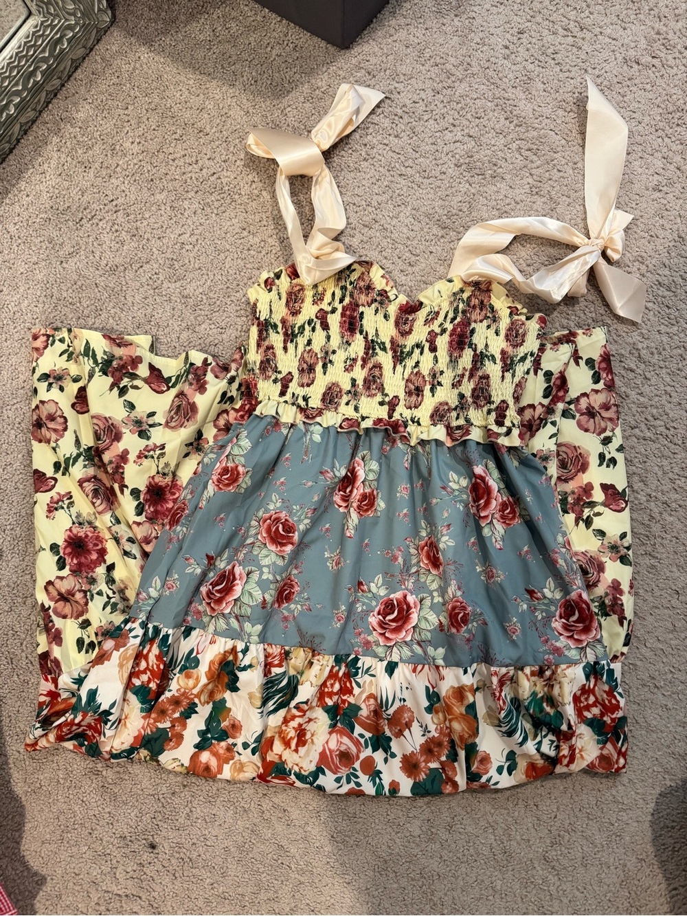 Floral Tiered Women’s Sundress with Tie Straps - Yellow & Blue